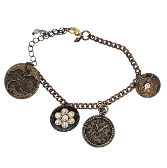 Upcycled Bronze Steampunk Clock Clear Crystal Saucer Bracelet - Picture 1 of 2